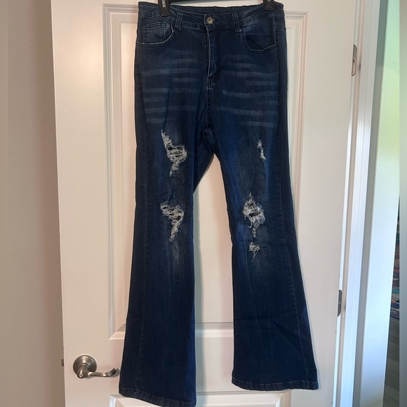 Denim - Dark wash, distressed, flare jeans